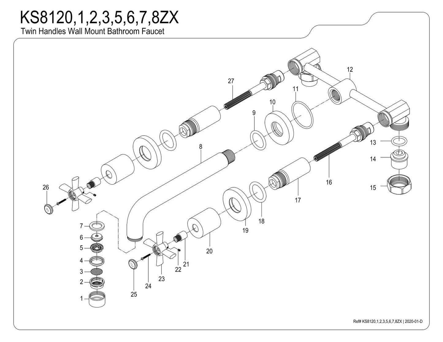 Kingston Brass KS8120ZX Millennium 2-Handle Wall Mount Bathroom Faucet