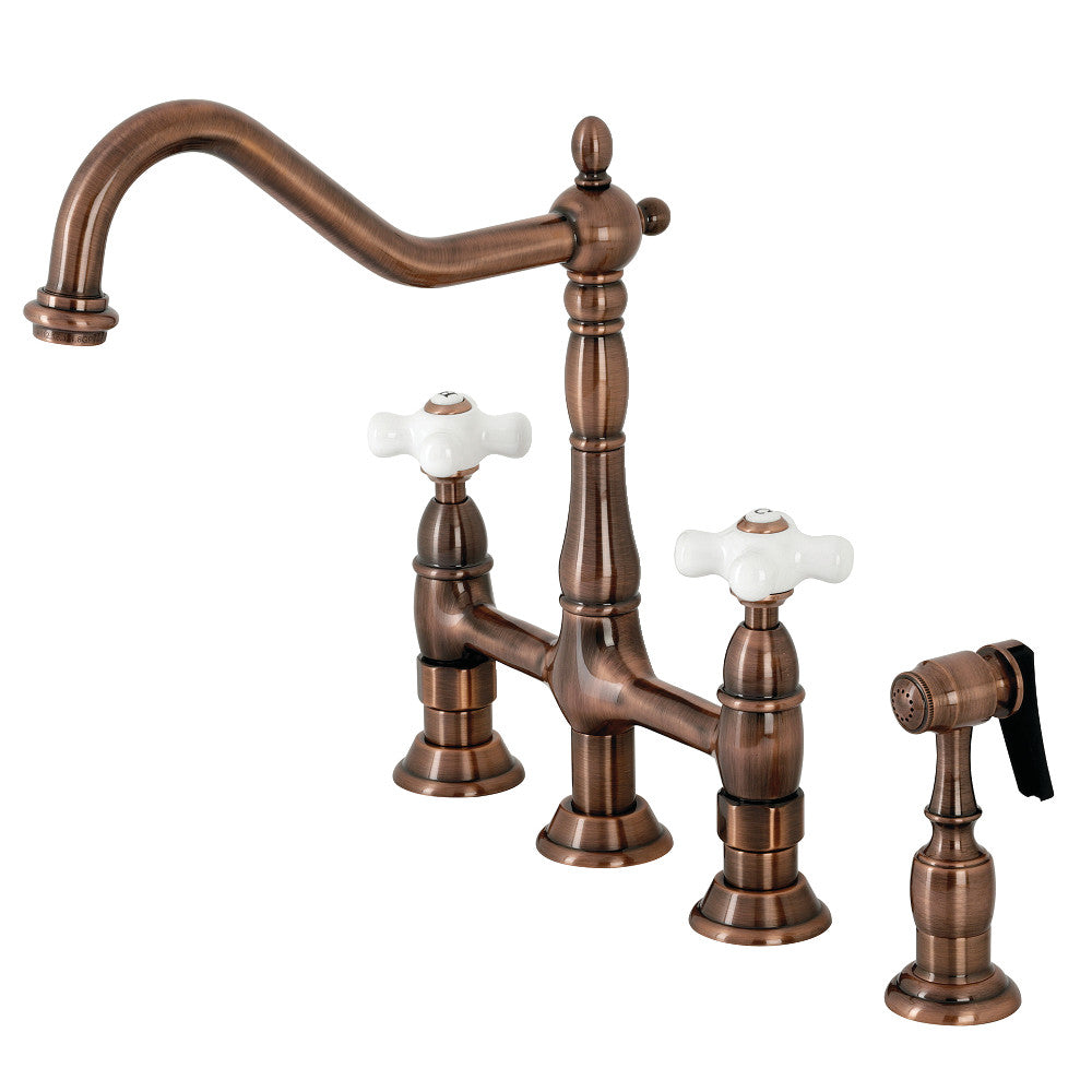 Kingston Brass KS1271PXBS Heritage Bridge Kitchen Faucet with Brass Sprayer