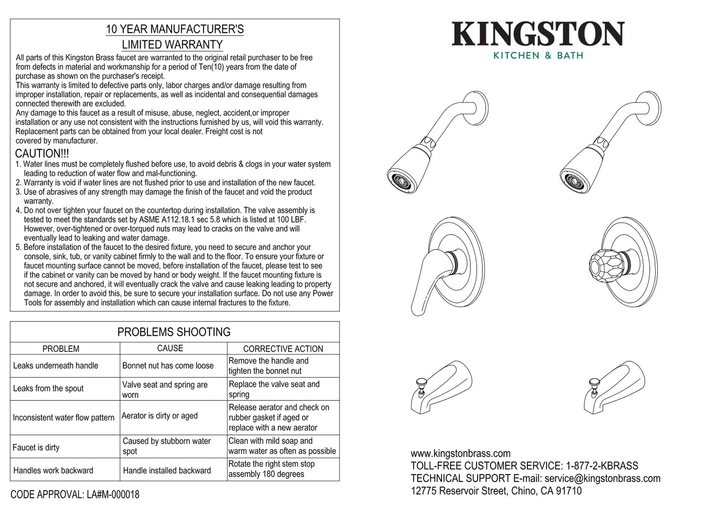 Kingston Brass KB535KL Tub and Shower Faucet