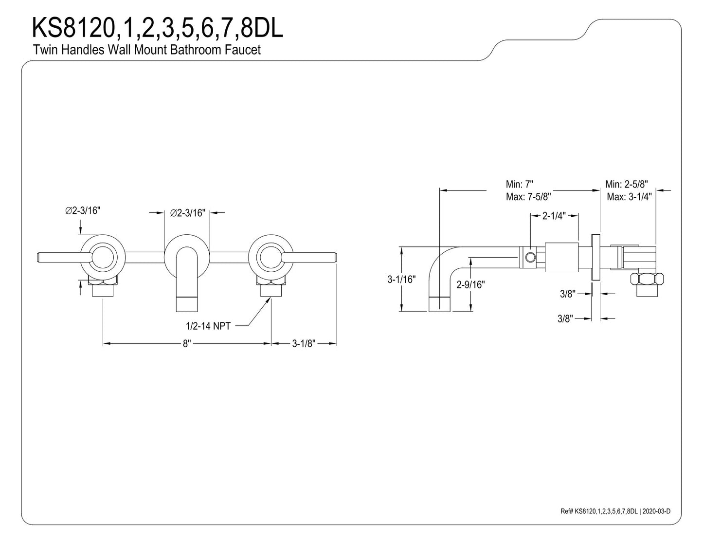 Kingston Brass KS8120DL Concord 2-Handle Wall Mount Bathroom Faucet