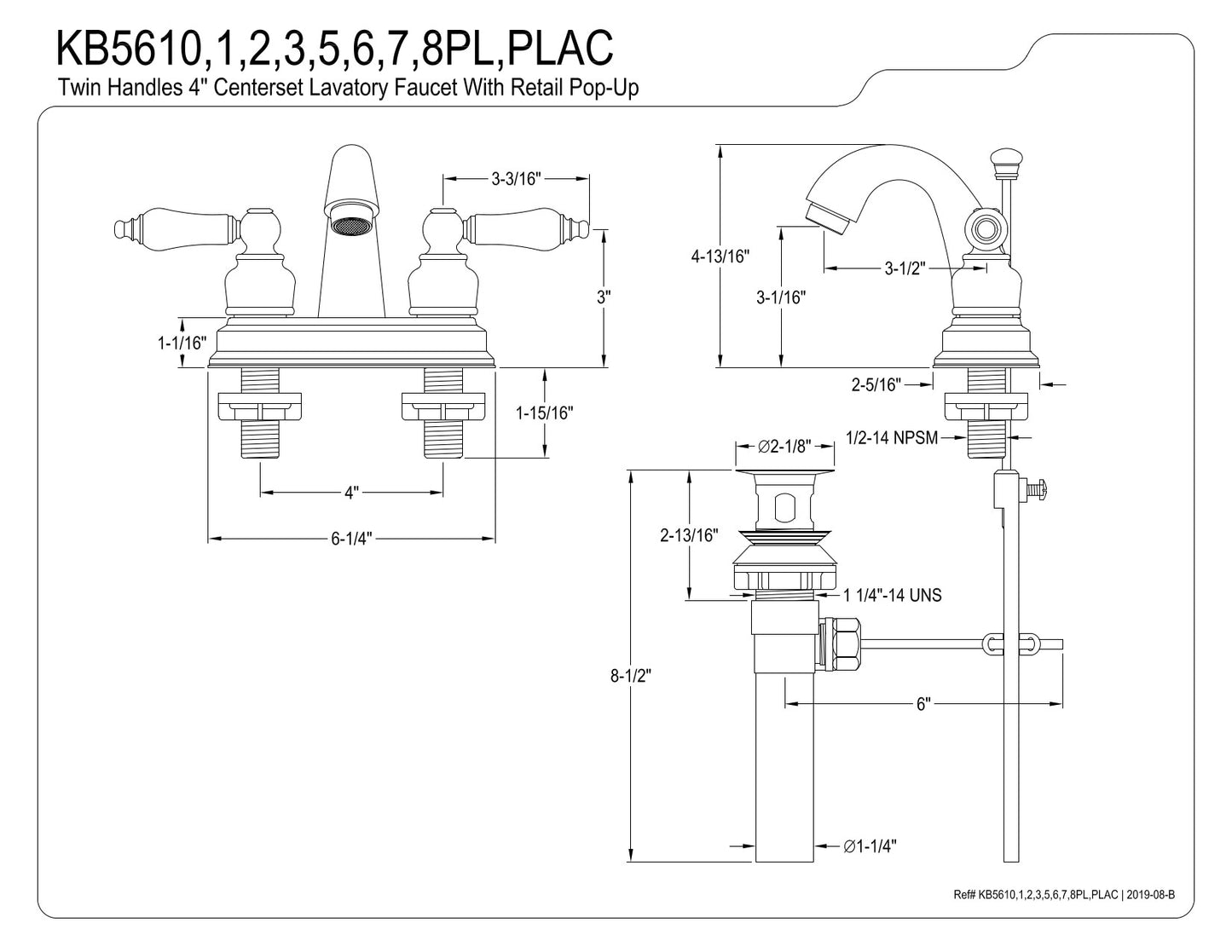 Kingston Brass KB5612PL Restoration 4 in. Centerset Bathroom Faucet