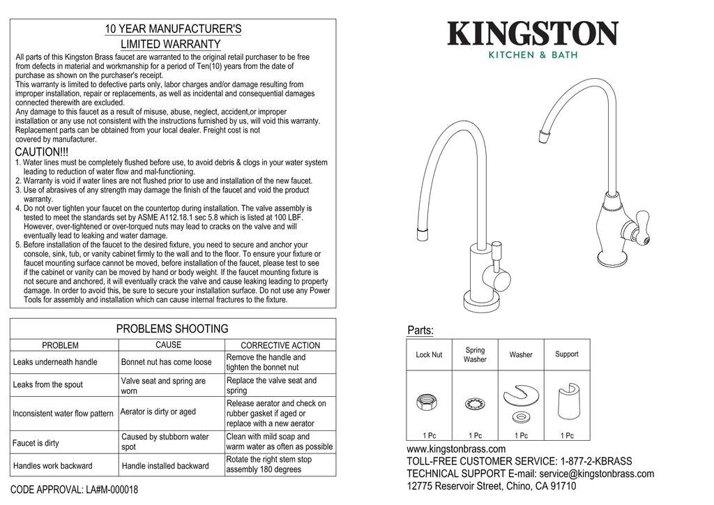 Kingston Brass KSAG8198DL Concord Reverse Osmosis System Filtration Water Air Gap Faucet