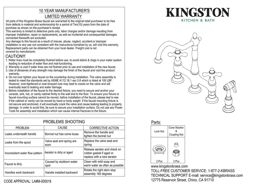 Kingston Brass KS1275TXBS French Country Bridge Kitchen Faucet with Brass Sprayer