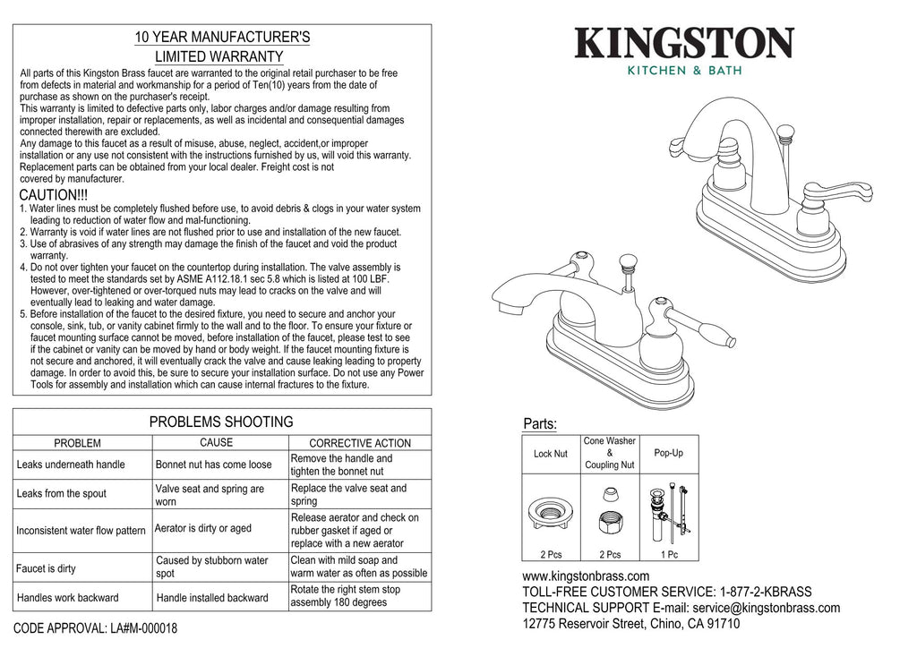 Kingston Brass KB602B 4 in. Centerset Bathroom Faucet