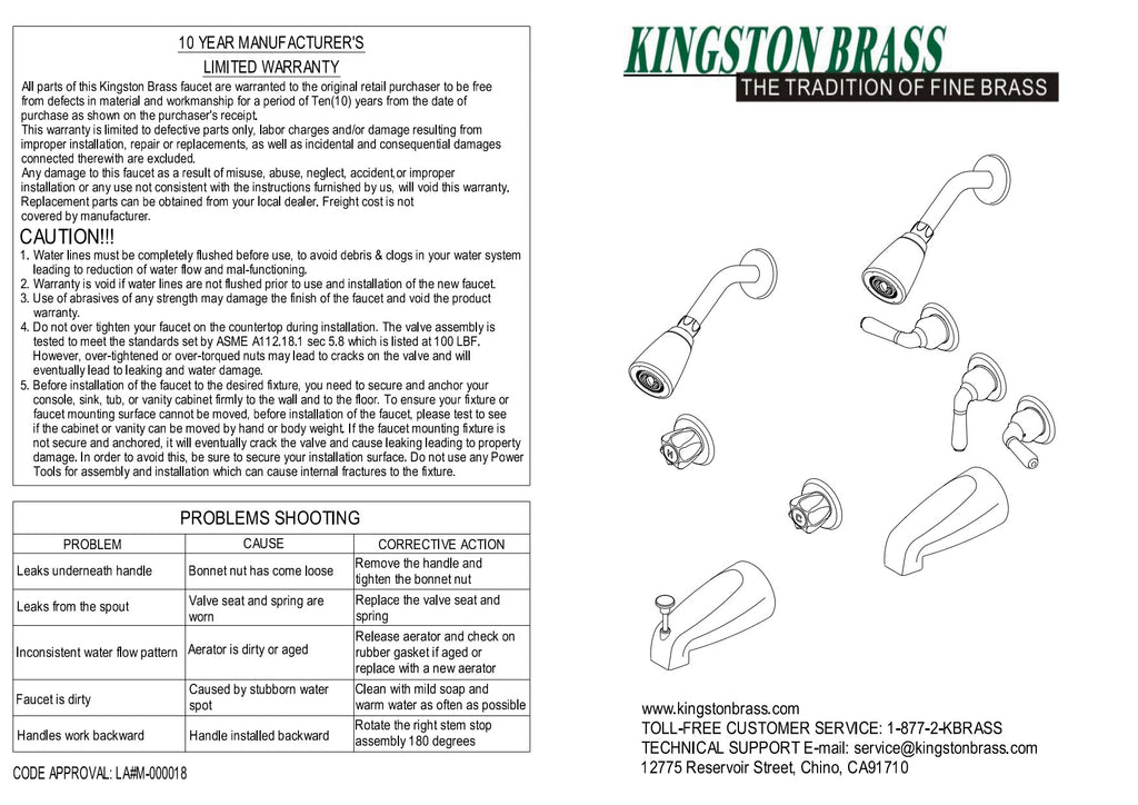 Kingston Brass GKB231 Water Saving Magellan 3-Handle Tub and Shower Faucet with Water Savings Showerhead