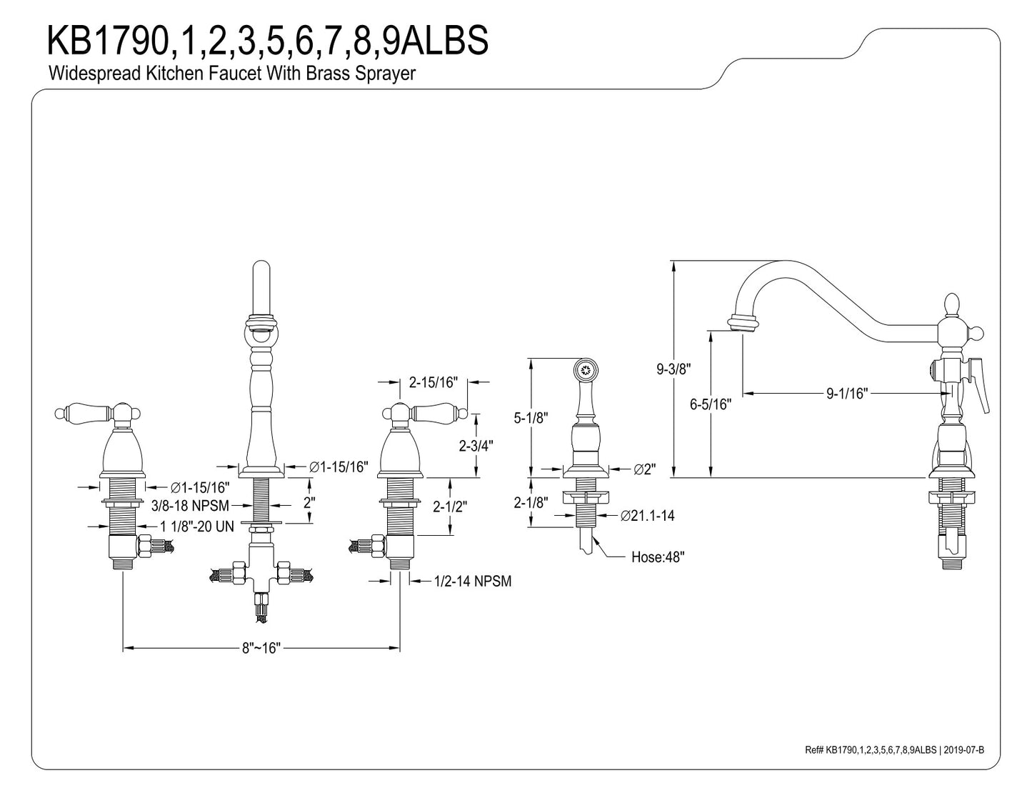 Kingston Brass KB1790ALBS 8-Inch Widespread Kitchen Faucet with Brass Sprayer