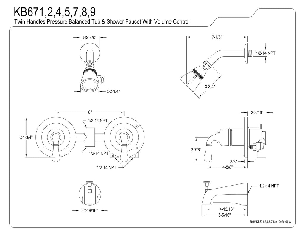 Kingston Brass KB675 Magellan Twin Handles Tub Shower Faucet Pressure Balanced With Volume Control