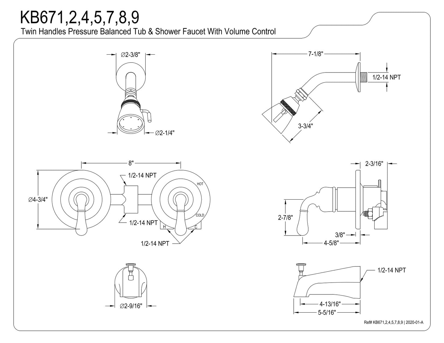 Kingston Brass KB675 Magellan Twin Handles Tub Shower Faucet Pressure Balanced With Volume Control