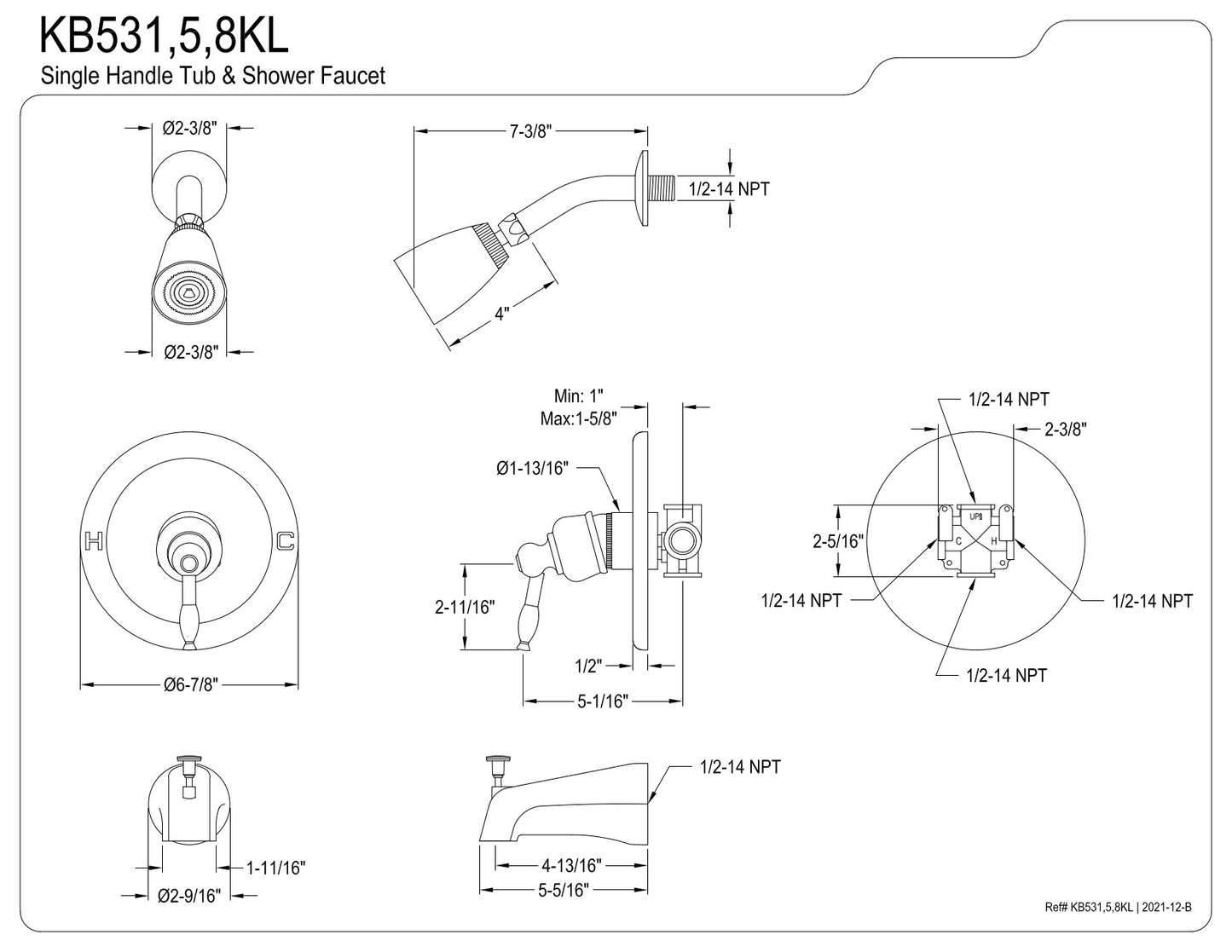 Kingston Brass KB535KL Tub and Shower Faucet