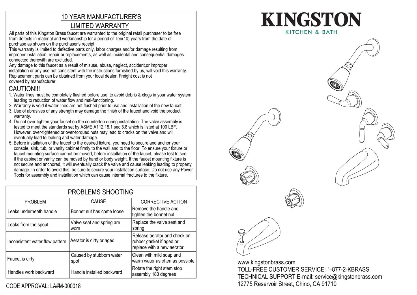 Kingston Brass KBX8130DKL Kaiser Three-Handle Tub and Shower Faucet