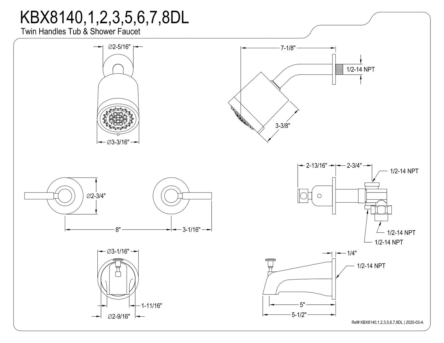 Kingston Brass KBX8148DL Concord Two-Handle Tub and Shower Faucet