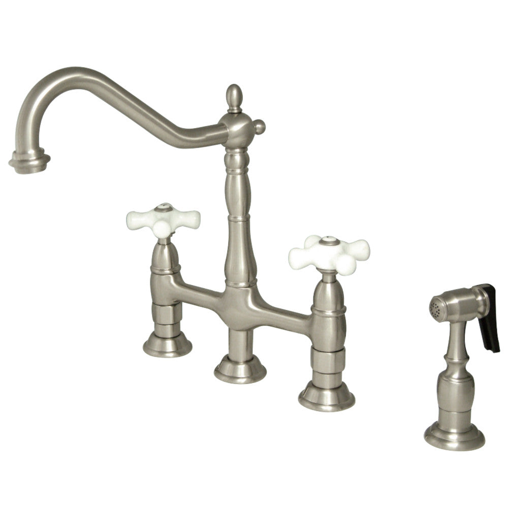 Kingston Brass KS1271PXBS Heritage Bridge Kitchen Faucet with Brass Sprayer