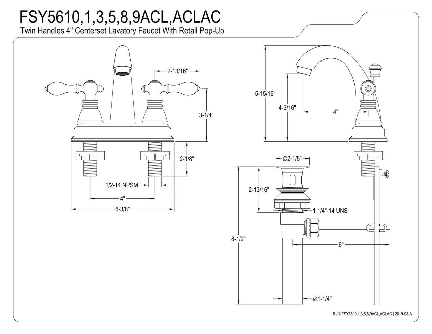 Fauceture FSY5610ACL American Classic 4 in. Centerset Bathroom Faucet with Plastic Pop-Up