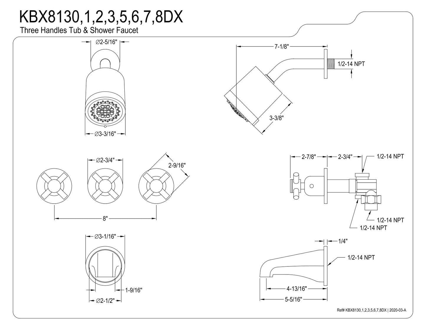 Kingston Brass KBX8138DX Concord Three-Handle Tub and Shower Faucet