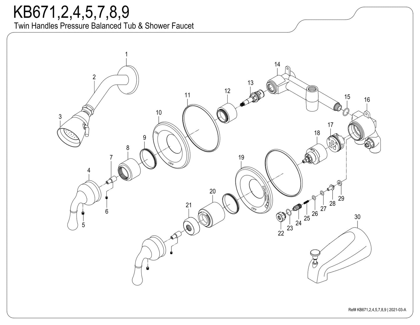 Kingston Brass KB675 Magellan Twin Handles Tub Shower Faucet Pressure Balanced With Volume Control