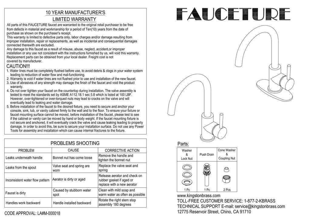 Fauceture LS8430DL Concord Single-Handle Bathroom Faucet with Push Pop-Up