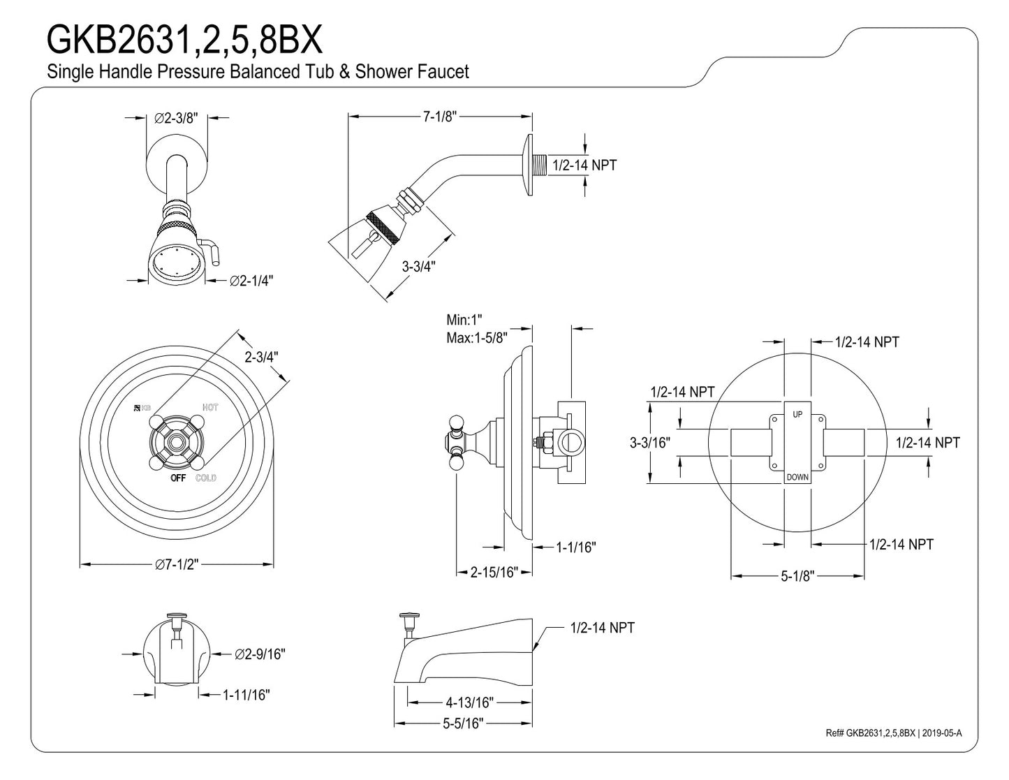 Kingston Brass GKB2631BX Water Saving Metropolitan Tub & Shower Faucet with Cross Handles