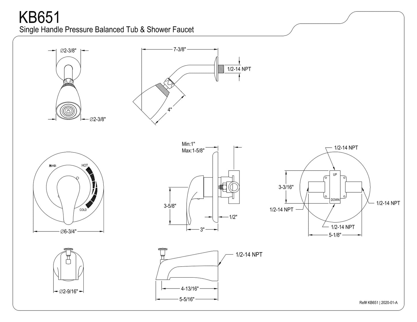 Kingston Brass KB651 Chatham Single Lever Handle Tub & Shower Faucet