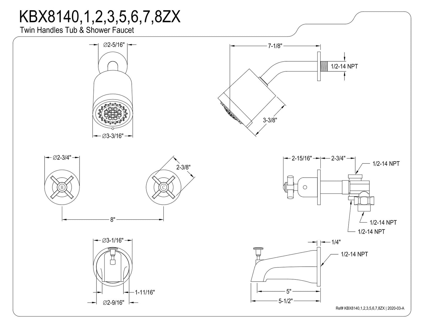 Kingston Brass KBX8143ZX Millennium Two-Handle Tub and Shower Faucet