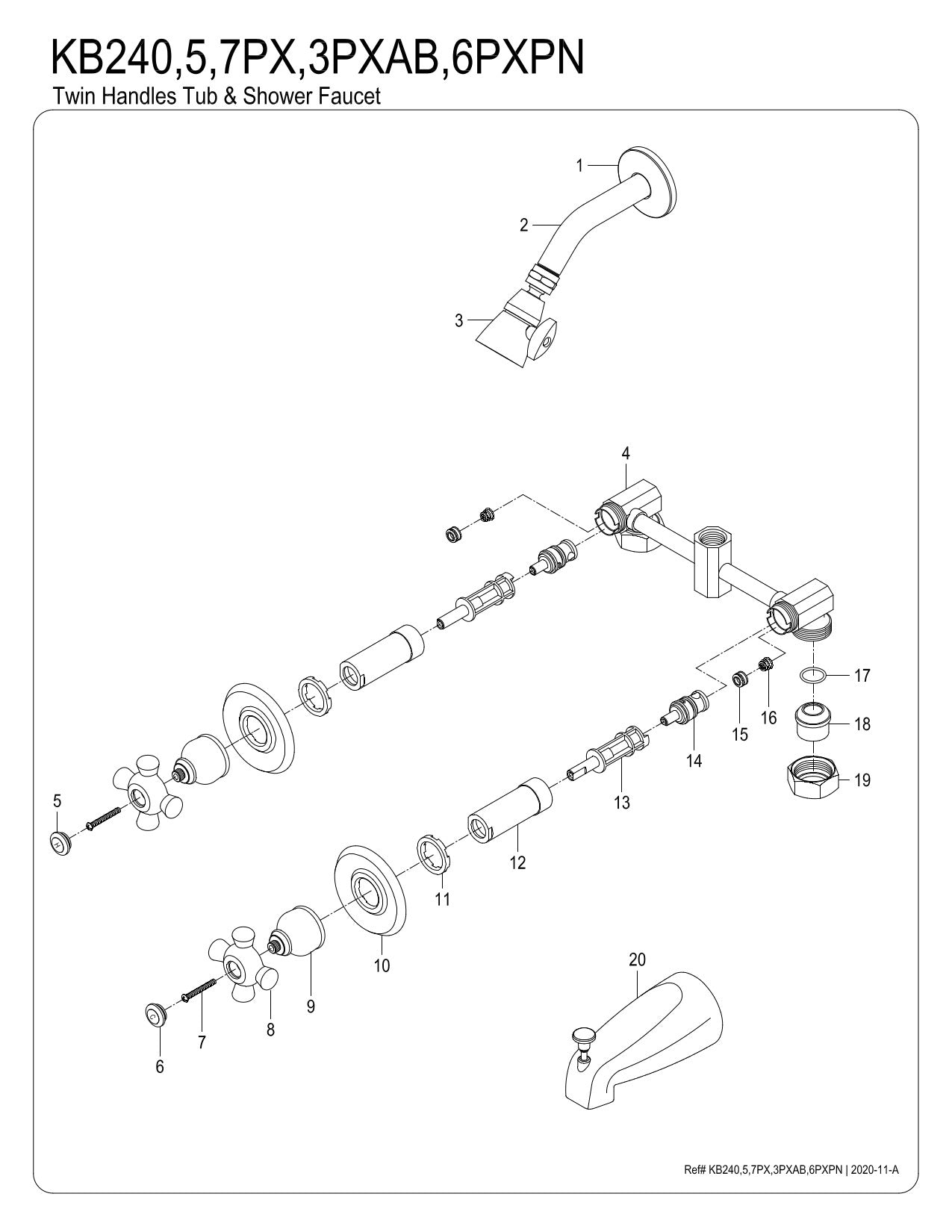 Kingston Brass KB245PX Magellan Tub & Shower Faucet with Porcelain Handles