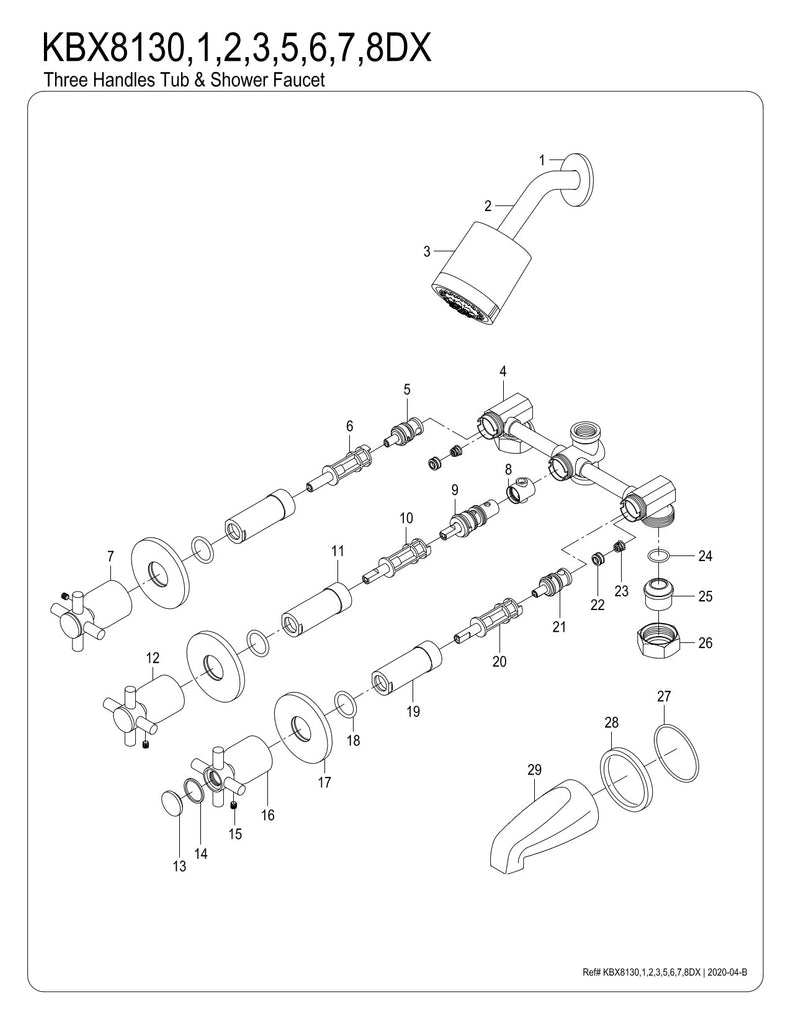 Kingston Brass KBX8138DX Concord Three-Handle Tub and Shower Faucet