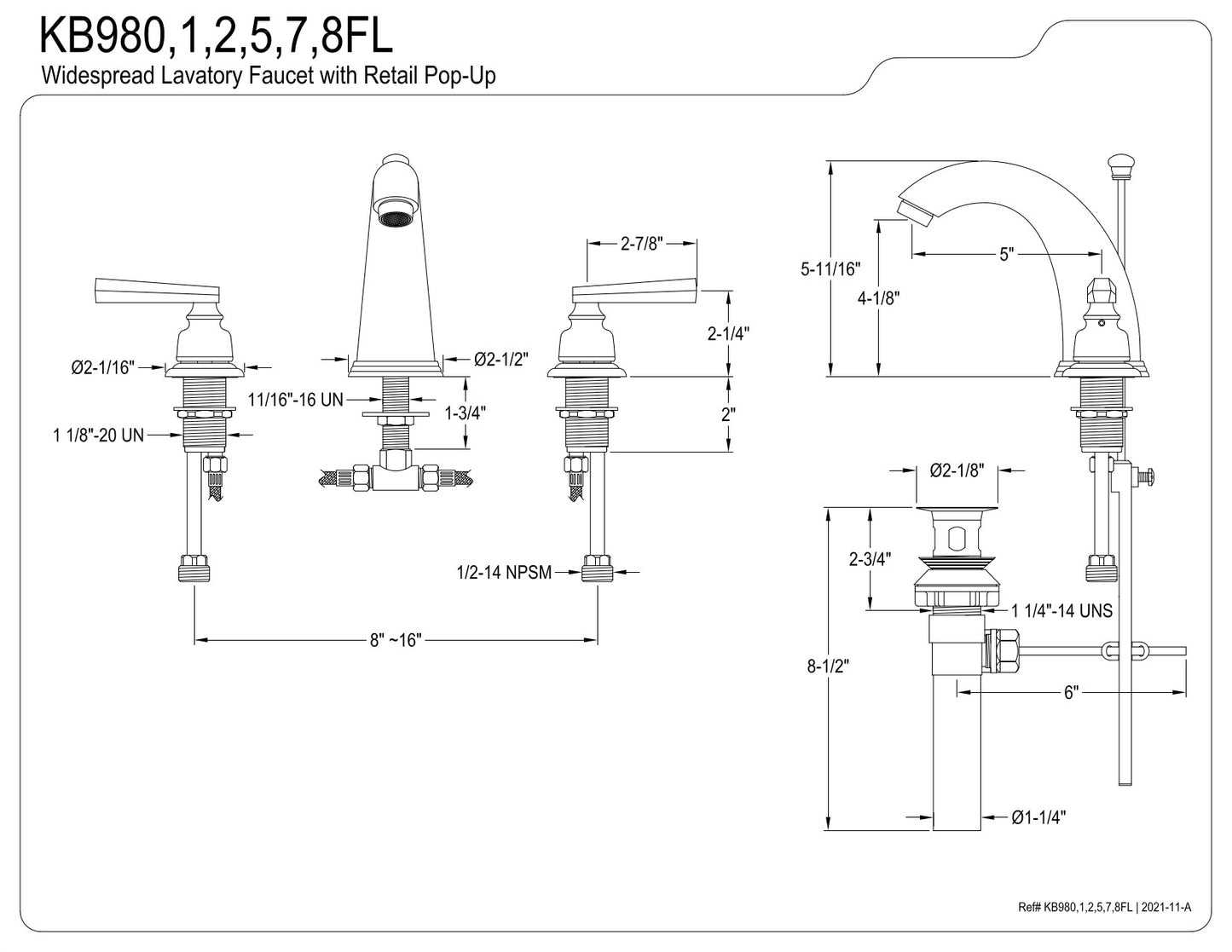 Kingston Brass KB982FL Royale Widespread Bathroom Faucet