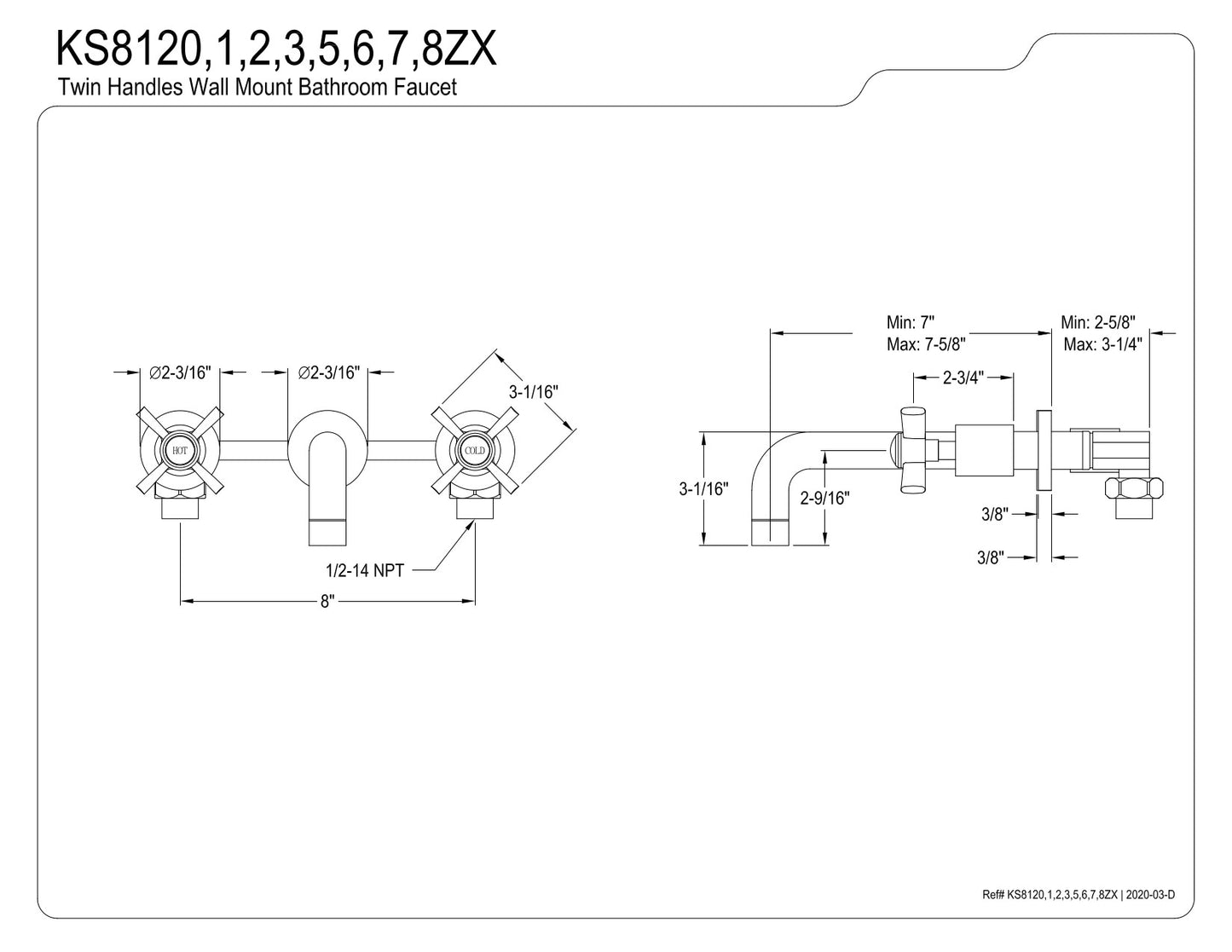 Kingston Brass KS8120ZX Millennium 2-Handle Wall Mount Bathroom Faucet