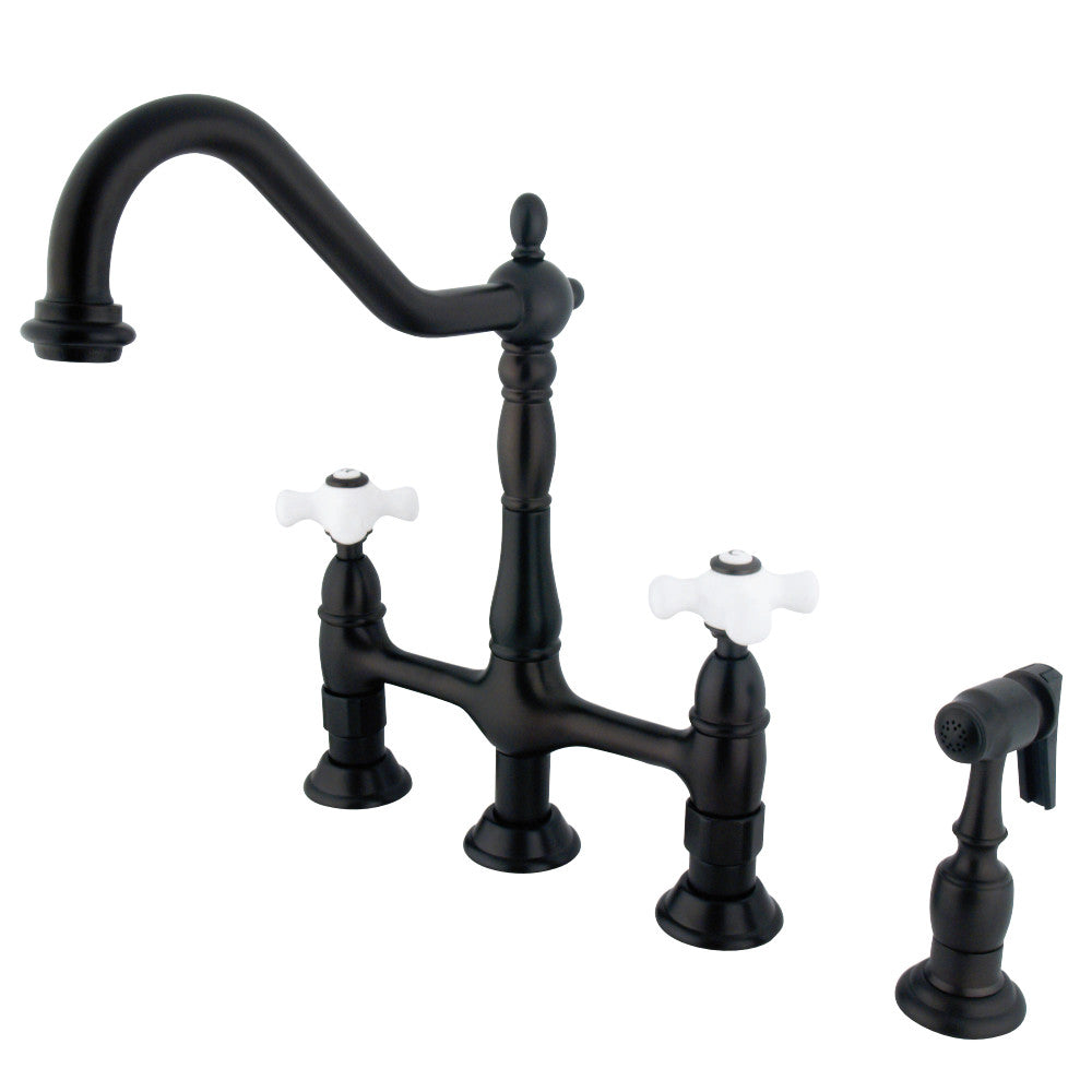 Kingston Brass KS1271PXBS Heritage Bridge Kitchen Faucet with Brass Sprayer