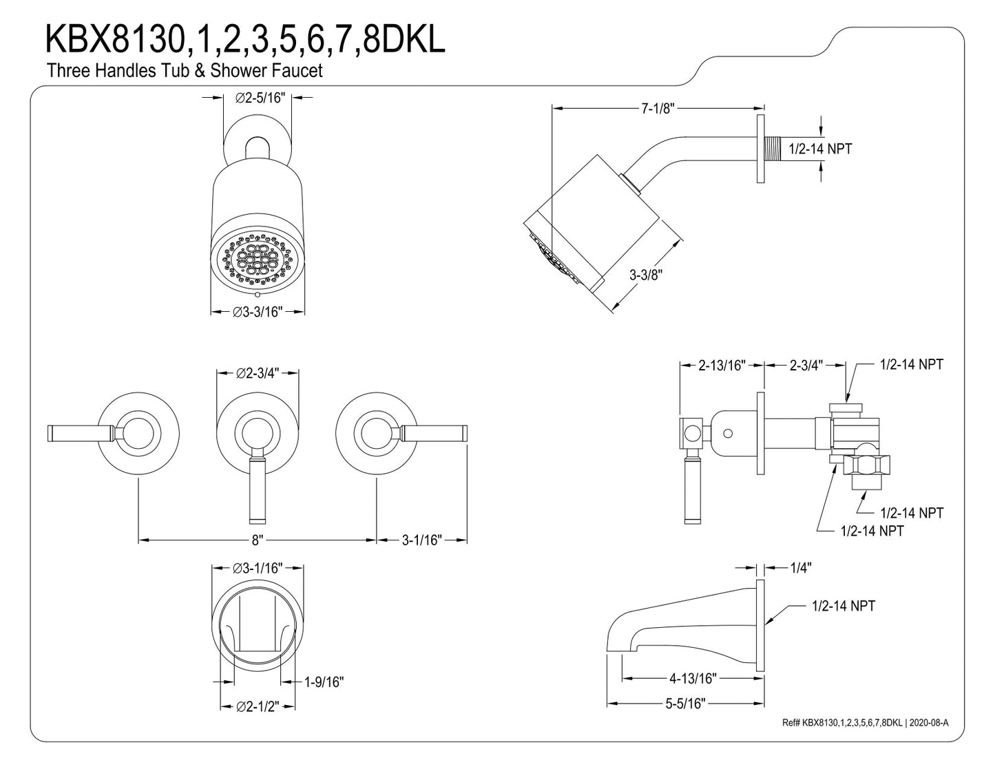 Kingston Brass KBX8130DKL Kaiser Three-Handle Tub and Shower Faucet