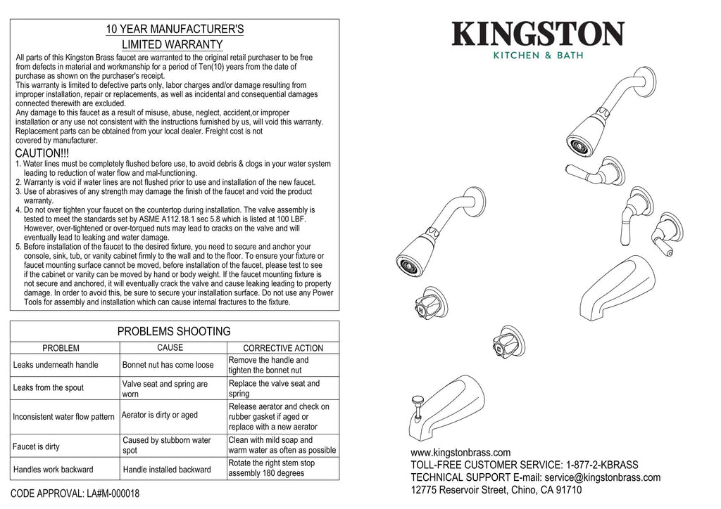 Kingston Brass KB245KL Knight Tub and Shower Faucet