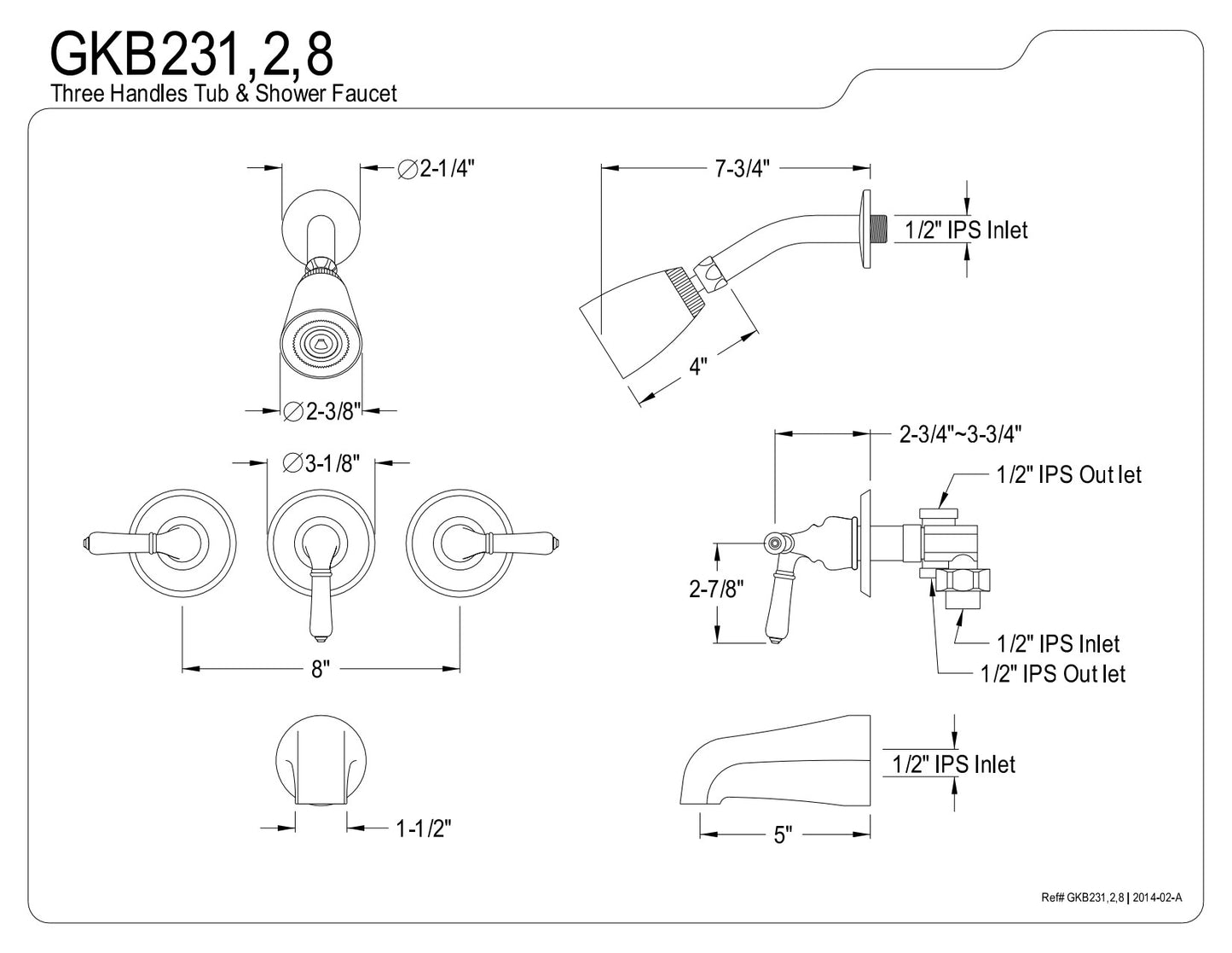 Kingston Brass GKB231 Water Saving Magellan 3-Handle Tub and Shower Faucet with Water Savings Showerhead