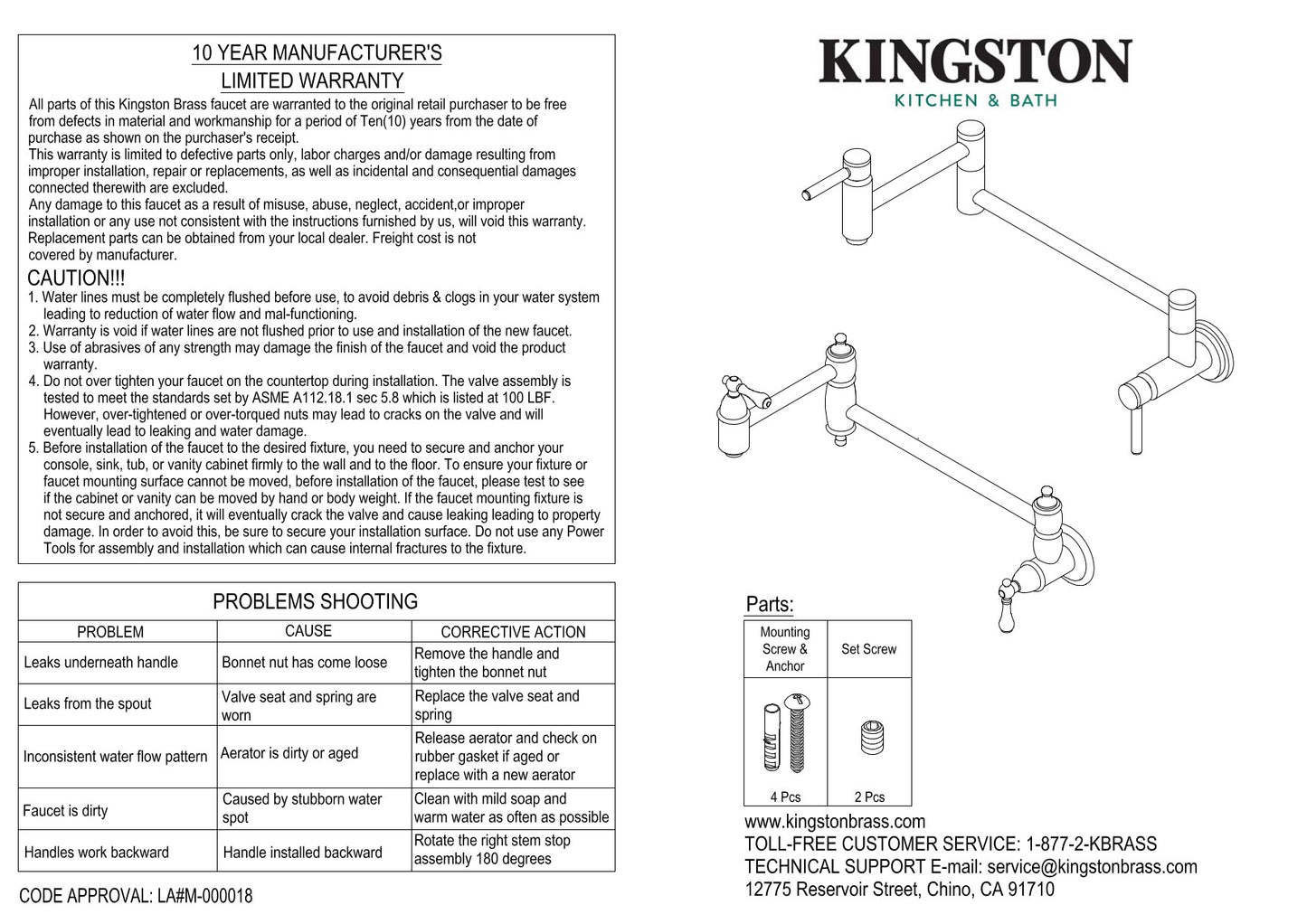 Kingston Brass KS3100PKL Duchess Wall Mount Pot Filler