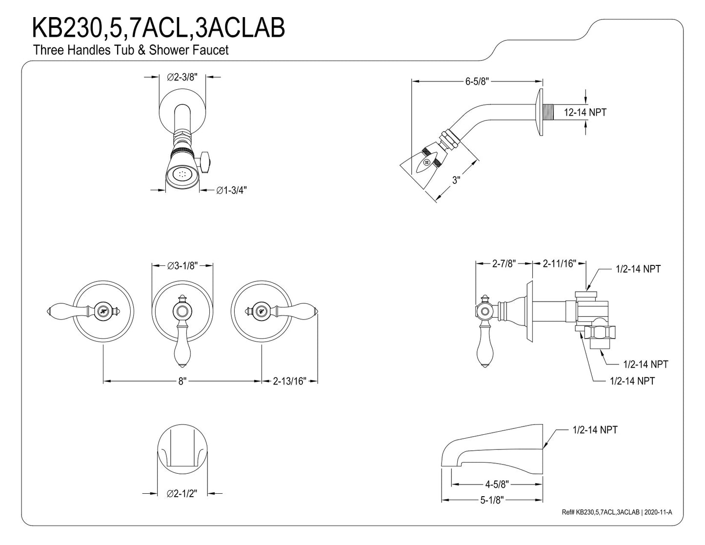 Kingston Brass KB230ACL American Classic Three-Handle Tub and Shower Faucet