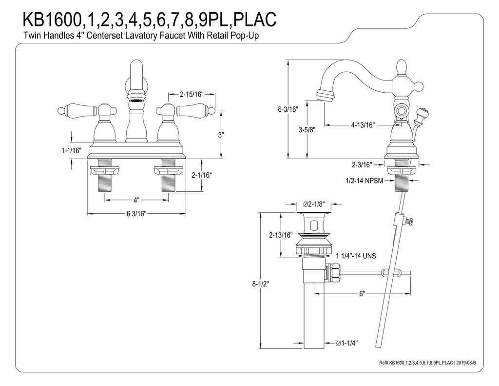 Kingston Brass KB1605PL Heritage 4 in. Centerset Bathroom Faucet