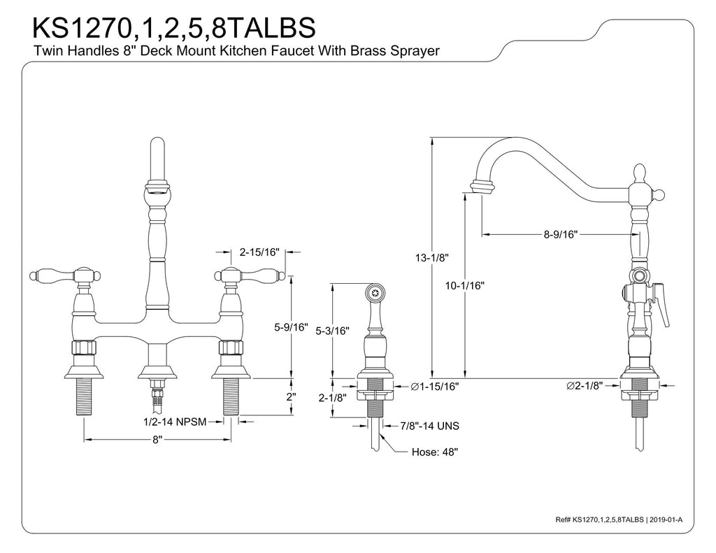 Kingston Brass KS1275TALBS Tudor Bridge Kitchen Faucet with Brass Sprayer