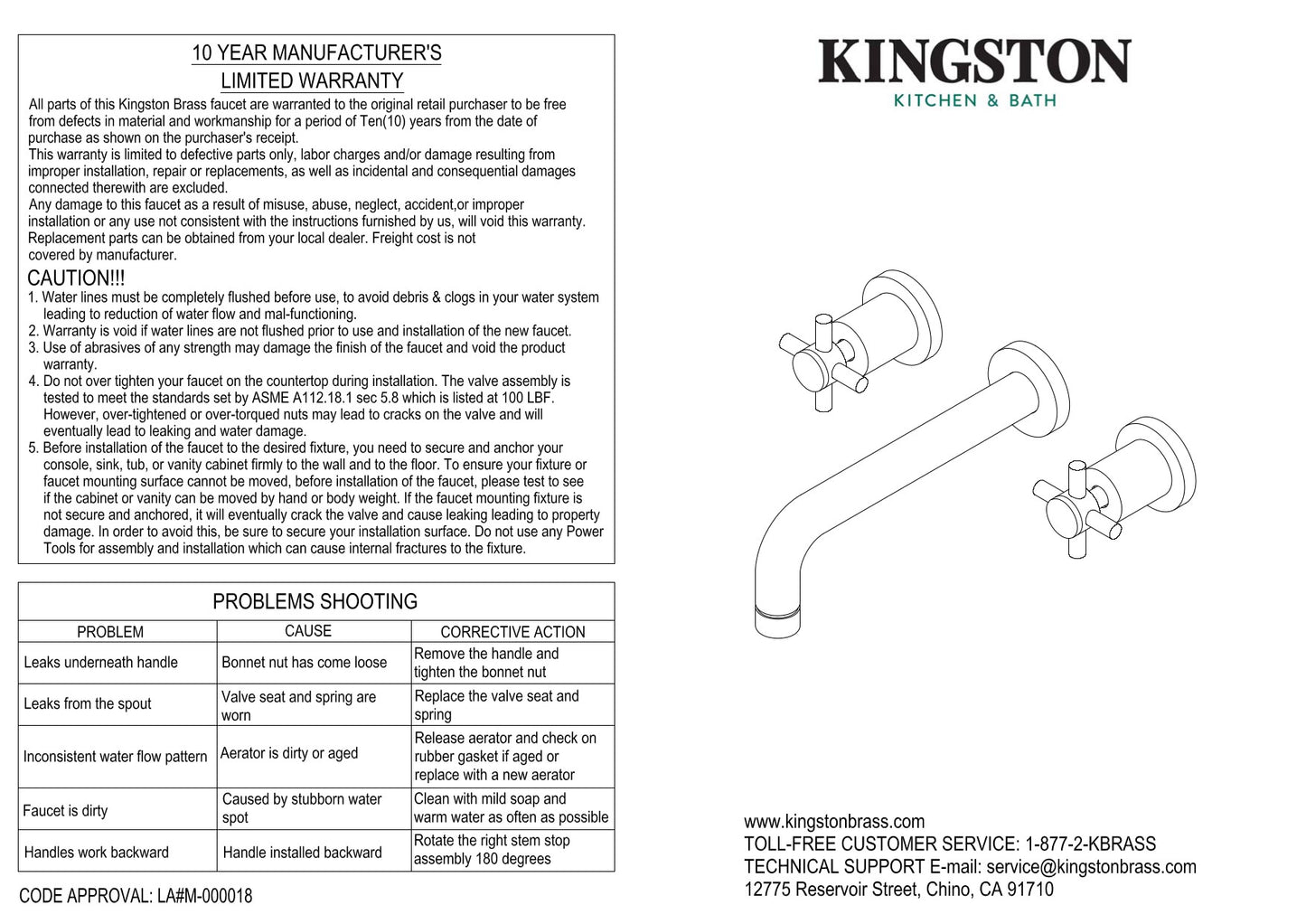 Kingston Brass KS8120DKL Kaiser 2-Handle Wall Mount Bathroom Faucet