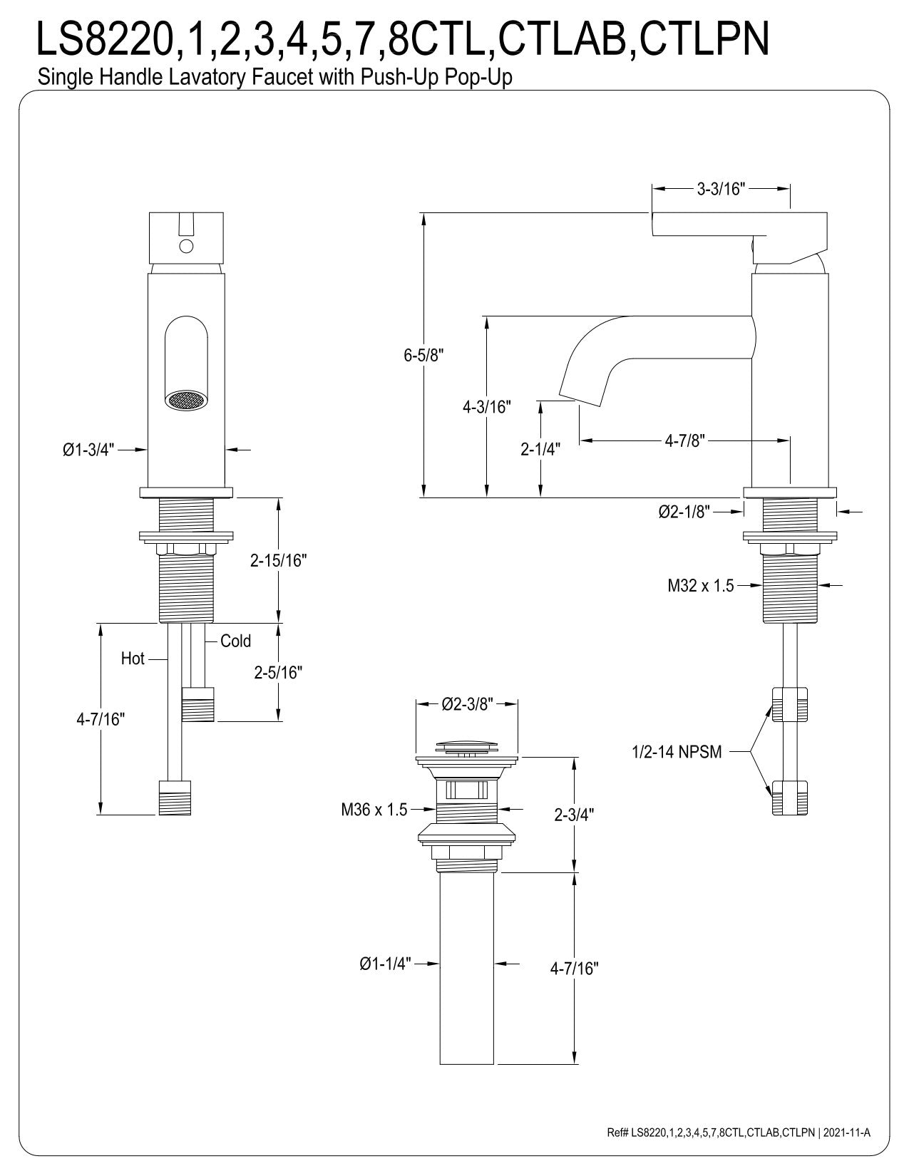 Fauceture LS8228CTL Continental Single-Handle Bathroom Faucet with Push Pop-Up