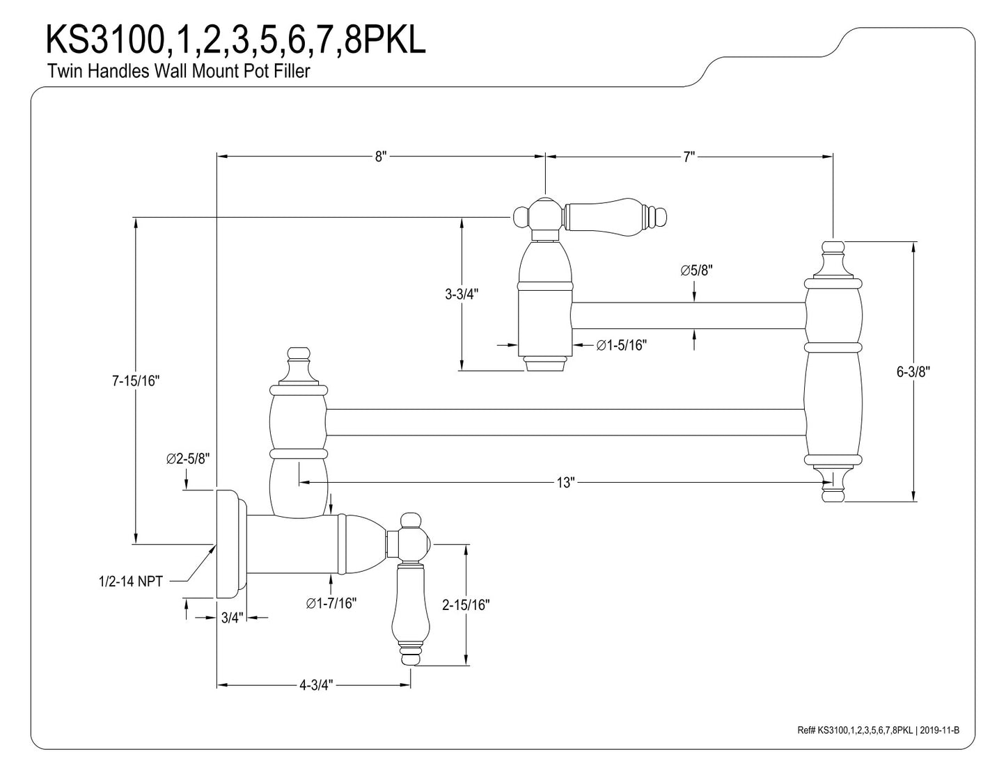 Kingston Brass KS3100PKL Duchess Wall Mount Pot Filler