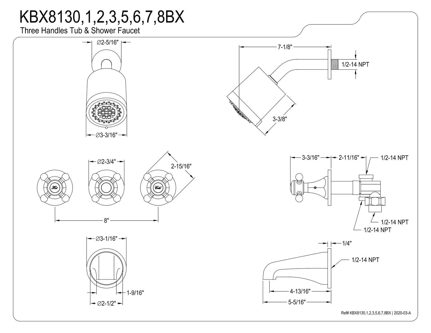 Kingston Brass KBX8133BX Metropolitan Three-Handle Tub and Shower Faucet